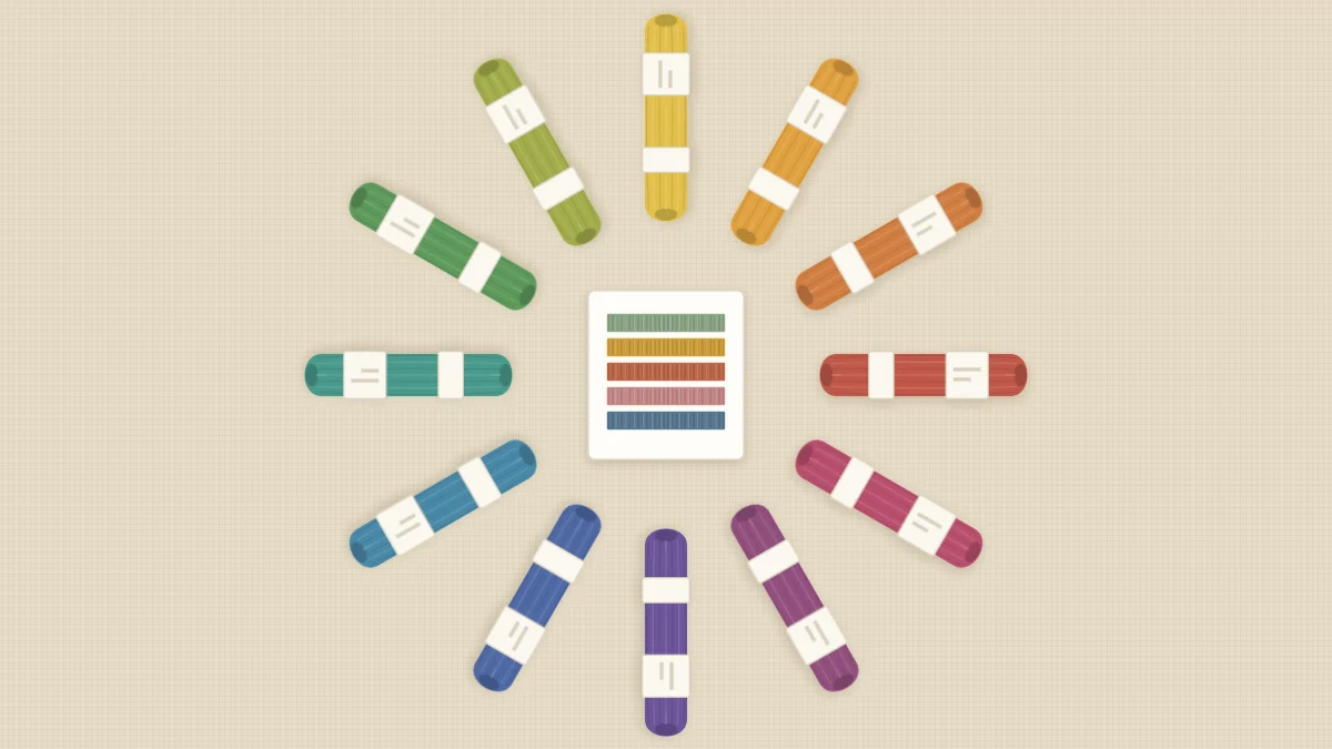 Twelve skeins of embroidery floss arranged in a ring like a color wheel on linen, with a small stitched swatch card in the center