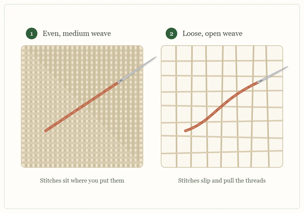 Two magnified weave swatches side by side: on the left an even medium weave with a needle passing cleanly between threads, on the right a very loose open weave where the stitch has nothing to grip