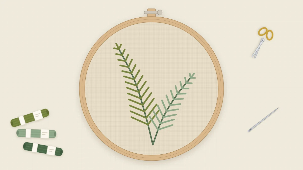 Two finished fern fronds embroidered in moss and sage green in a 5-inch hoop on natural linen
