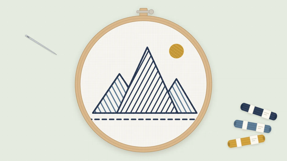 Finished embroidered mountains in a 5-inch hoop on white fabric, with navy outlines, blue and navy line fills and a mustard sun