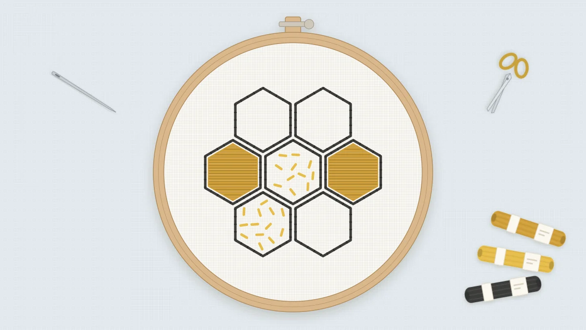 Finished honeycomb embroidery in a 4-inch hoop: seven charcoal hexagons, two filled mustard, two speckled yellow and three open