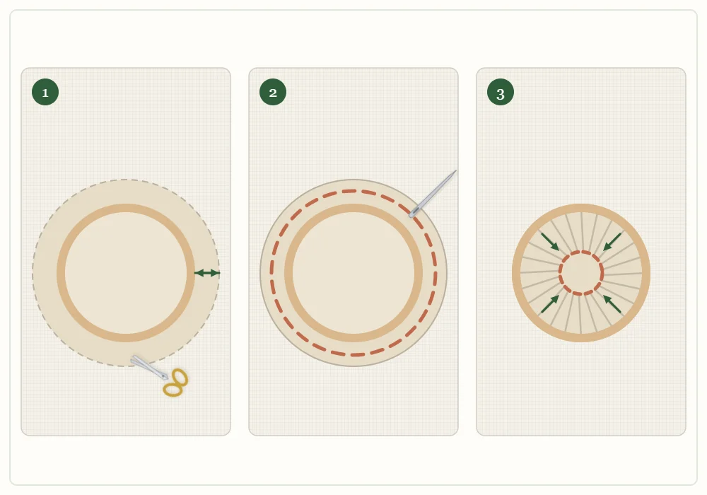 Three-panel diagram: fabric trimmed to a circle with an even margin around the hoop, a running stitch worked around the margin, and the thread pulled so the margin gathers toward the center of the back