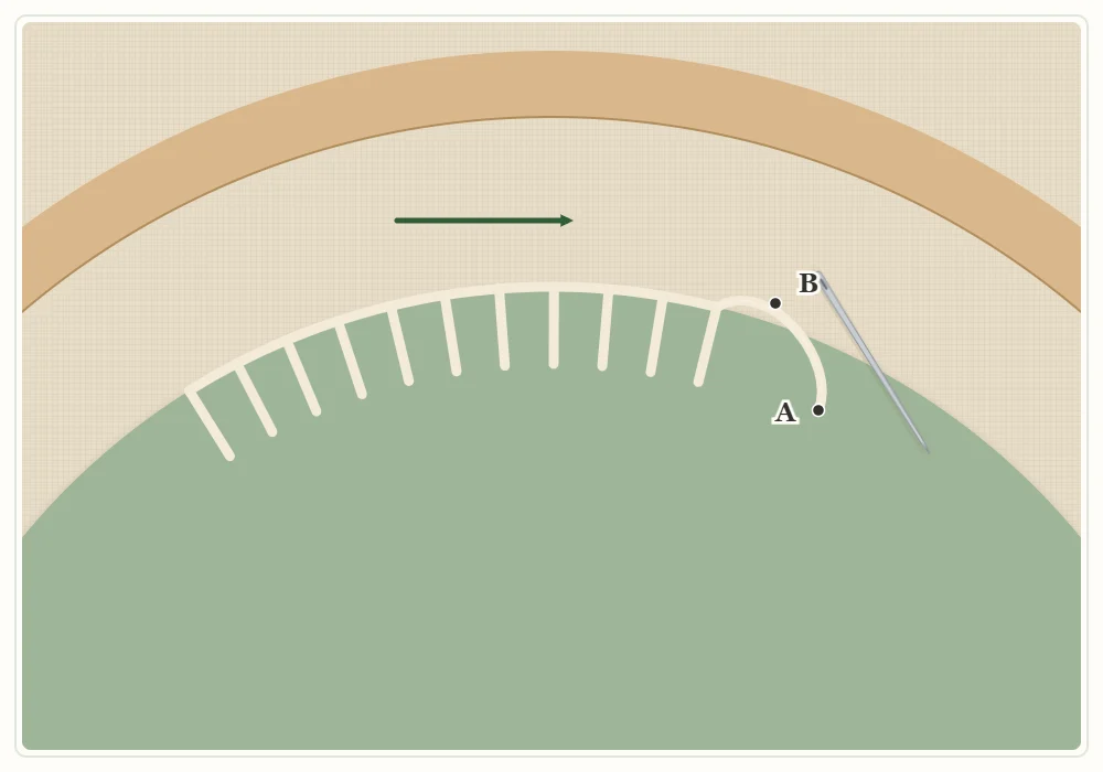 Close-up diagram of a felt circle being attached to the gathered fabric with blanket stitch along the edge, with the needle shown mid-stitch