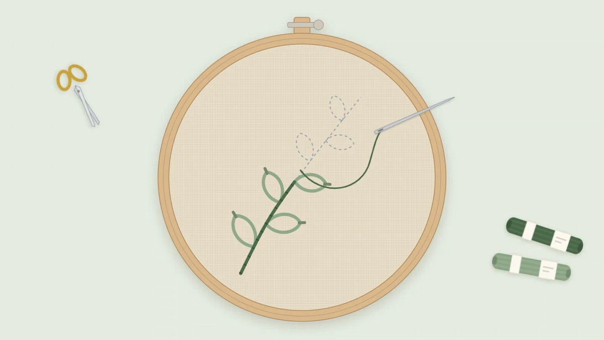 A wooden embroidery hoop holding natural linen with a half-finished green leaf sprig and a needle with green thread resting on the fabric