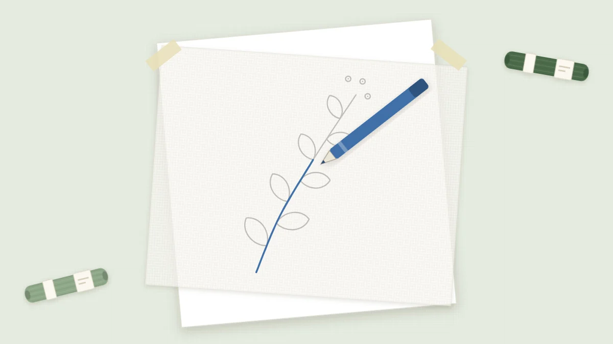A paper pattern with a leaf sprig taped under a square of light fabric while a pen traces the design lines onto the fabric