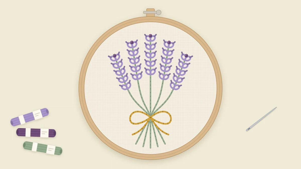Finished embroidered lavender bunch in a 5-inch hoop on cream fabric, with five green stems, lavender buds, plum tips and a mustard bow
