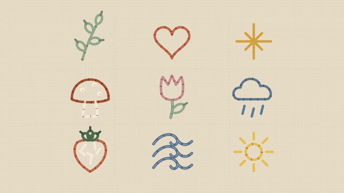 Nine stitched mini embroidery motifs arranged in a 3 by 3 grid on natural linen