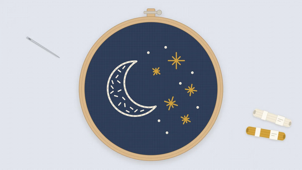 Finished moon and stars embroidery in a 3-inch hoop on navy fabric, stitched in cream and mustard thread