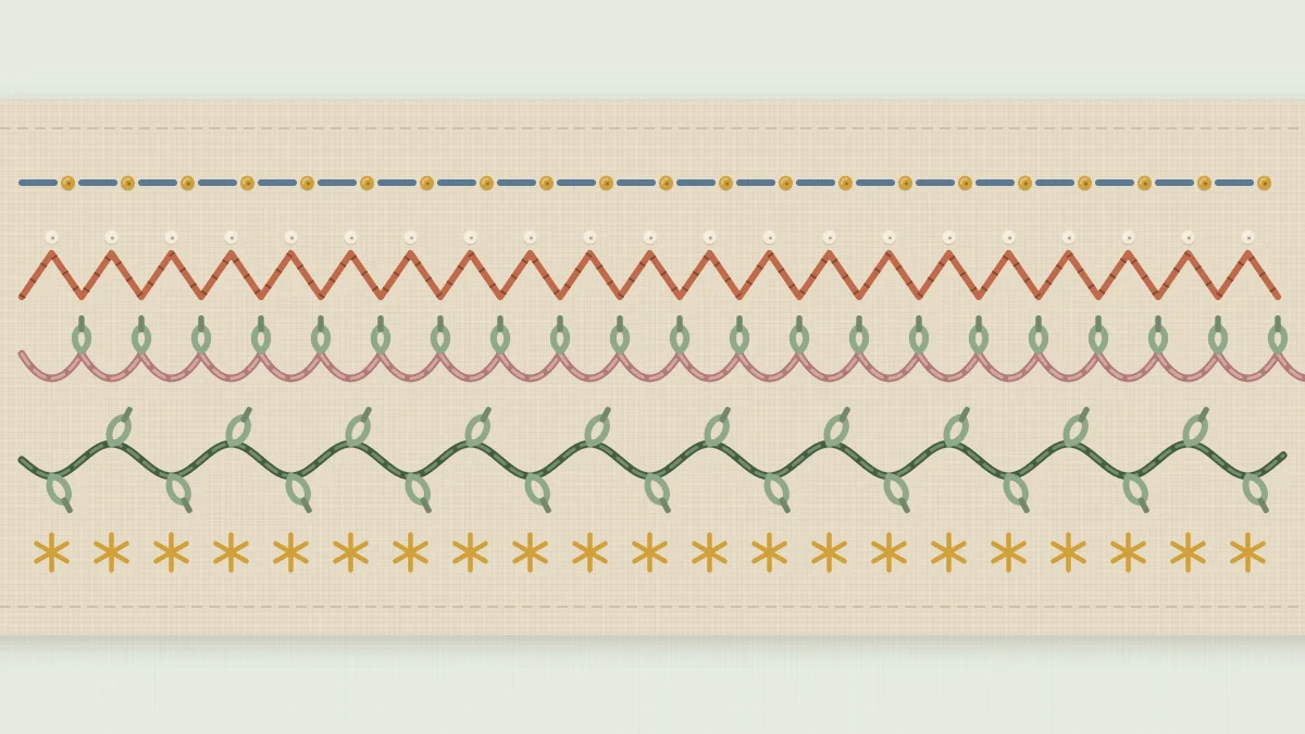 A strip of natural linen with five stitched embroidery borders running across it in rows