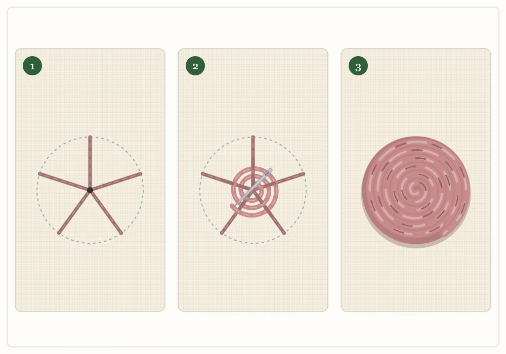 Three-panel diagram of the woven wheel: five straight spokes meeting at the center, thread woven over and under the spokes for the first rounds, and the finished rose hiding the spokes