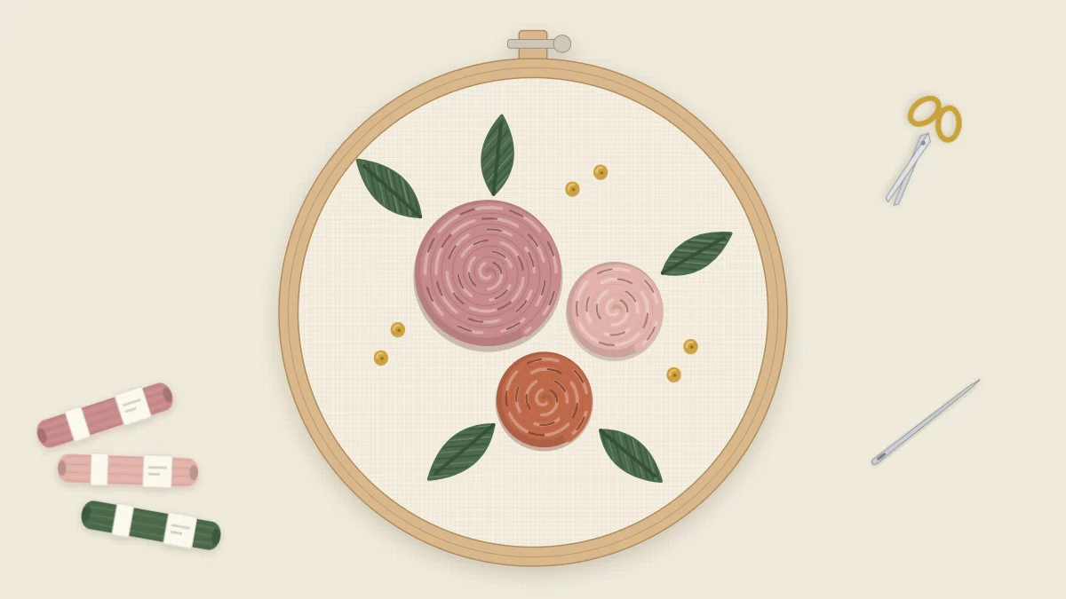 Three finished woven wheel roses in a 5-inch hoop on cream fabric, with green satin stitch leaves and mustard knot buds
